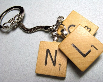 Scrabble tile keychain with 3 initials - great personalized gift