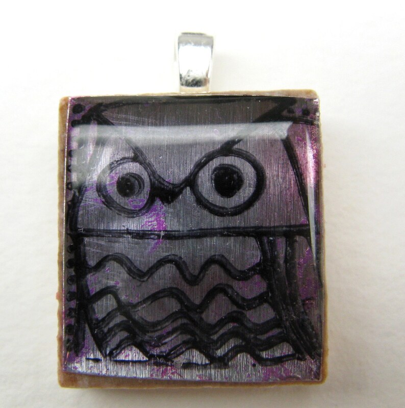 Red Owl Glowing metallic Scrabble tile pendant image 3