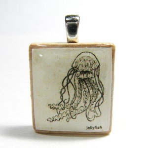 Jellyfish drawing - vintage dictionary Scrabble tile pendant