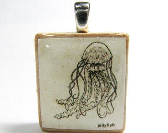 Jellyfish drawing - vintage dictionary Scrabble tile pendant