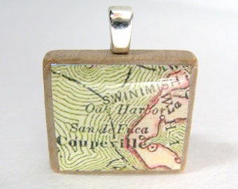 Coupeville and Oak Harbor, Washington - 1895 vintage Scrabble tile map pendant