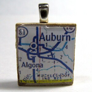 Auburn, Washington 1972 vintage Scrabble tile map pendant image 1