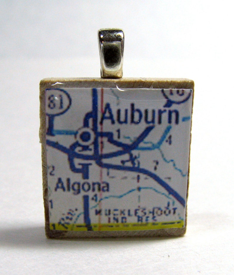 Auburn, Washington 1972 vintage Scrabble tile map pendant image 1