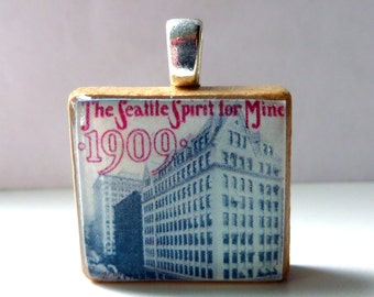 Vintage Seattle sheet music Scrabble tile pendant - The Seattle Spirit for Mine - 1909 Alaska Yukon Pacific Exposition