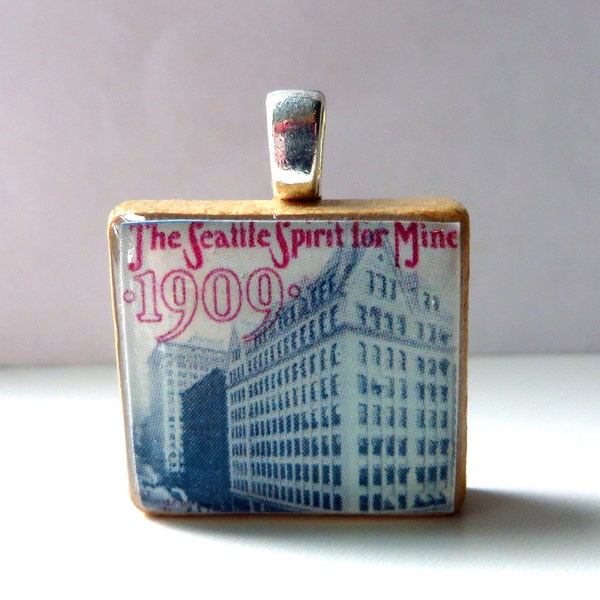 Vintage Seattle sheet music Scrabble tile pendant - The Seattle Spirit for Mine - 1909 Alaska Yukon Pacific Exposition