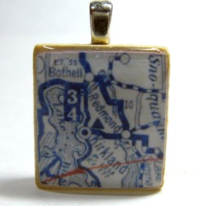 Redmond & Kirkland, Washington and the East Side - 1925 Scrabble tile vintage map pendant