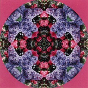 Lilac and rhodedendron photographic mandala card with Monet quote