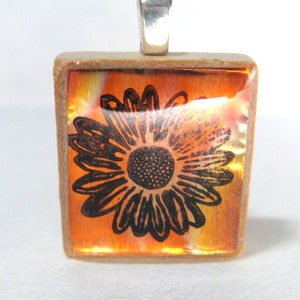 Copper Daisy flame treated glowing metallic Scrabble tile pendant image 1