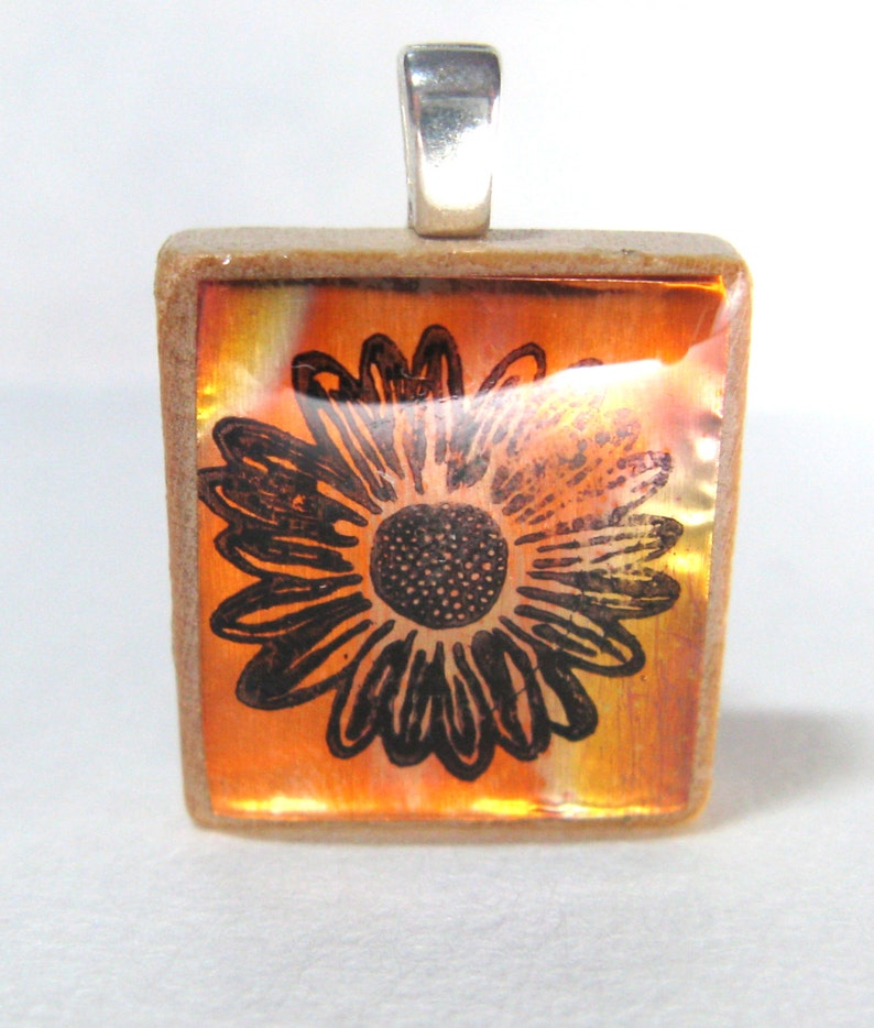 Copper Daisy flame treated glowing metallic Scrabble tile pendant image 1