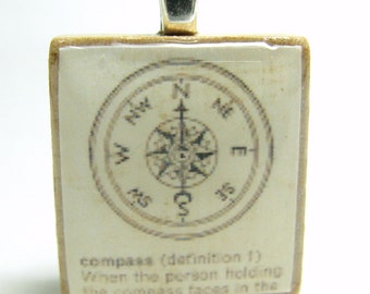 Compass drawing - vintage dictionary Scrabble tile pendant