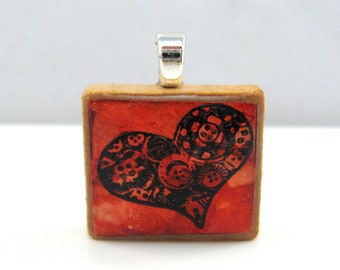 Red copper heart  - metallic Scrabble tile pendant with button image