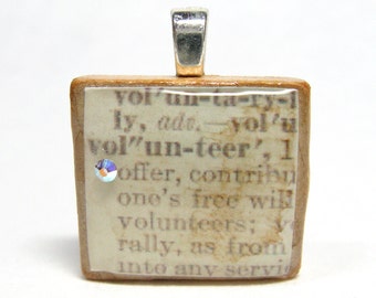 Volunteer - vintage dictionary Scrabble tile with Swarovski crystal - volunteer appreciation recognition thank you gift