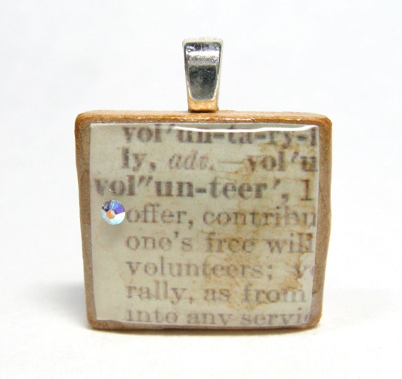 Volunteer vintage dictionary Scrabble tile with Swarovski crystal volunteer appreciation recognition thank you gift image 1