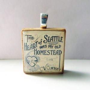 The Heart of Seattle vintage sheet music Scrabble tile pendant image 1