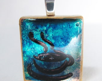 Coffee time - Blue glowing metallic Scrabble tile pendant with coffee cup