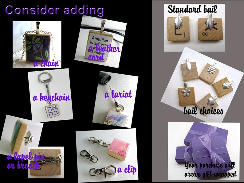 Puede incluir: Un collage de im&aacute;genes que muestran diferentes formas de llevar un peque&ntilde;o colgante cuadrado de madera con una variedad de dise&ntilde;os. El colgante se puede llevar en una cadena, un llavero, un lazada o como un broche de solapa o un broche. La imagen tambi&eacute;n muestra diferentes opciones de bails para el colgante.