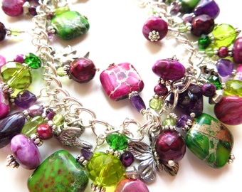 Pink and green gemstone and pearl charm bracelet with amethysts - Springtime Pond