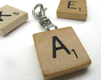 Scrabble tile clip with your initial for zipper pulls, flash drives, key rings