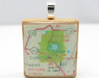 Crater Lake, Oregon - Scrabble tile pendant from 1988 map