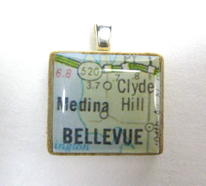 Bellevue, Washington 1962 vintage Scrabble tile map pendant image 2