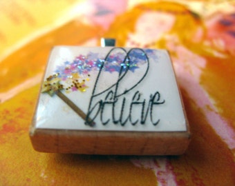 Sparkly Believe Scrabble tile pendant with magic wand