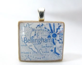 Bellingham, Washington - 1925 vintage Scrabble tile map pendant