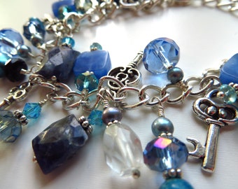 Blue gemstones and pearls charm bracelet - Keys to My Heart