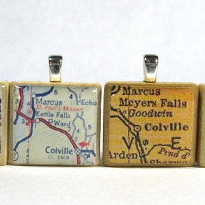 Colville, Washington  - Your choice of vintage Scrabble tile map pendant