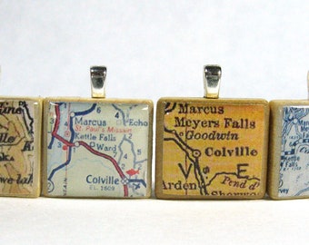 Colville, Washington  - Your choice of vintage Scrabble tile map pendant