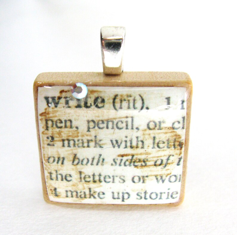 Write vintage dictionary Scrabble tile with Swarovski crystal image 1