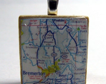 Bremerton, Washington - 1972 Scrabble tile map pendant - larger area