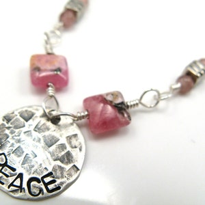 Peace sterling silver necklace with pink rhodochrosite and tourmaline gemstones inspirational jewelry image 1