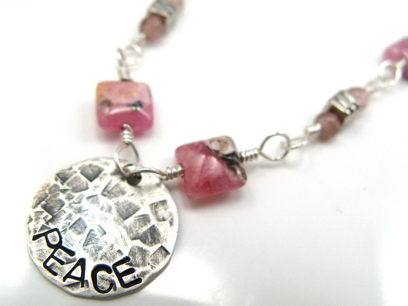 Peace sterling silver necklace with pink rhodochrosite and tourmaline gemstones inspirational jewelry image 1