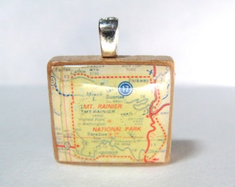 Mount Rainier, Washington - 1962 vintage Scrabble tile map pendant