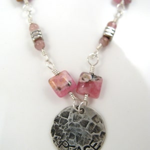Peace sterling silver necklace with pink rhodochrosite and tourmaline gemstones inspirational jewelry image 3