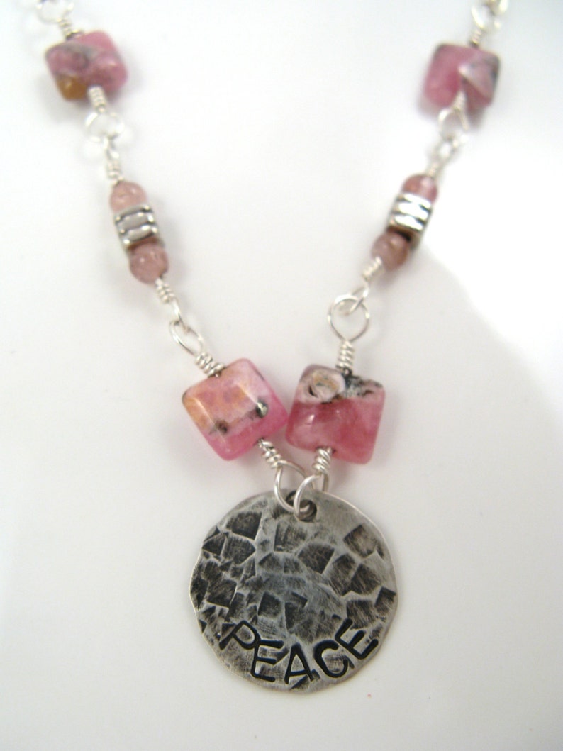 Peace sterling silver necklace with pink rhodochrosite and tourmaline gemstones inspirational jewelry image 3