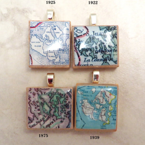 San Juan Islands - your choice of vintage map Scrabble tile pendant