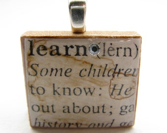 Learn - vintage dictionary Scrabble tile pendant with Swarovski crystal