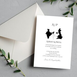 May include: A wedding invitation with a black and white design. The invitation features a map of India and the UK connected by a heart, with the text "AP AARAV & PRIYA" and wedding details.