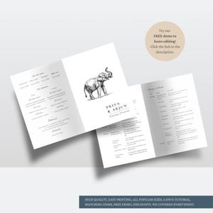 May include: A wedding program template with a black and white illustration of an elephant. The program includes the names Priya & Arjun and the text "Wedding Program".