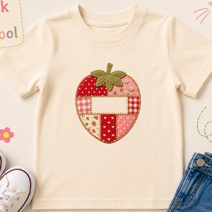 Kids Strawberry Patch Heart Tee | Quilted Vintage Fruit Design, Personalized Name, Back to School
