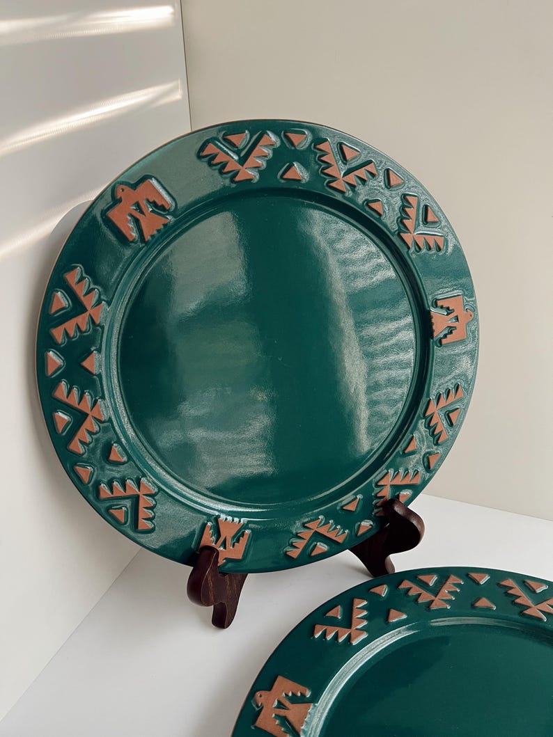 Native Plates Frankoma China - Teal and Terracotta - Dinner Plates - Turquoise