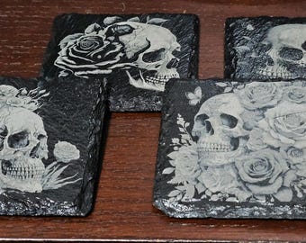 Gothic skull and roses, single slate coasters or four piece slate coaster set