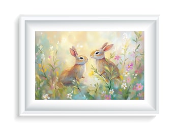Arte de parede de coelho em aquarela | Par de coelhos para impressão em campo florido | Decoração de berçário com tema florestal | Impressão digital de animais em tons pastéis suaves