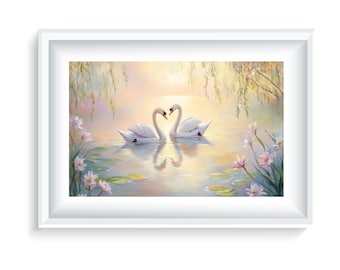 Watercolor Swan Wall Art | Romantic Lake Sunset Printable | Serene Nature Scene | Pastel Wildlife Decor | Digital Animal Painting
