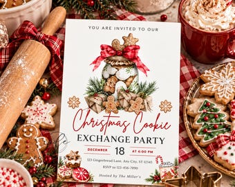May include: A rectangular Christmas Cookie Exchange Party invitation card featuring a watercolor illustration of a glass jar filled with gingerbread cookies, topped with a red plaid bow, surrounded by pine branches and wrapped gifts.