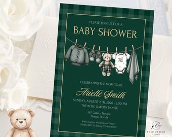Plaid Teddy Bear Baby Shower Invitation | Woodland Bear Shower Invite | Polo Boy Baby Shower | Editable Printable Invite | Instant Download