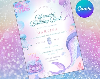 Mermaid Birthday Invitation: Under the Sea Party, Editable Canva Template (Digital Download)