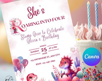 Dinosaur Girl Birthday Invitation | Editable Dinosaur Party Invitation Template | Digital Download