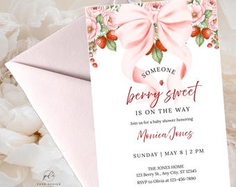 Berry Sweet Baby Shower Invitation | Strawberry Coquette Bow Baby Shower Invite | Editable Printable| Girl Baby Shower | Instant Download